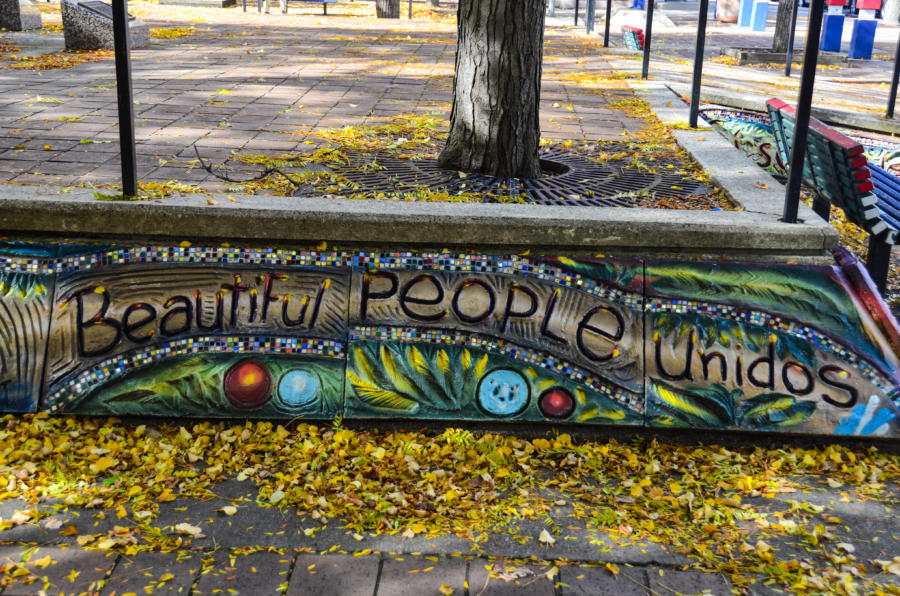 One of the murals reads ‘Beautiful People Unidos’ at Manual Perez Memorial Plaza in Chicago’s Little Village.