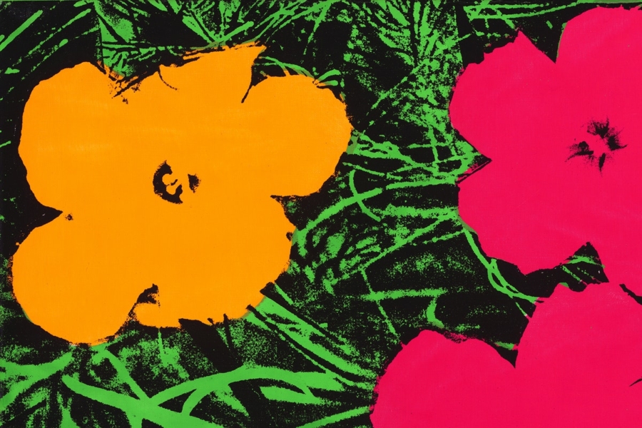 Andy Warhol painting of an orange and pink flowers