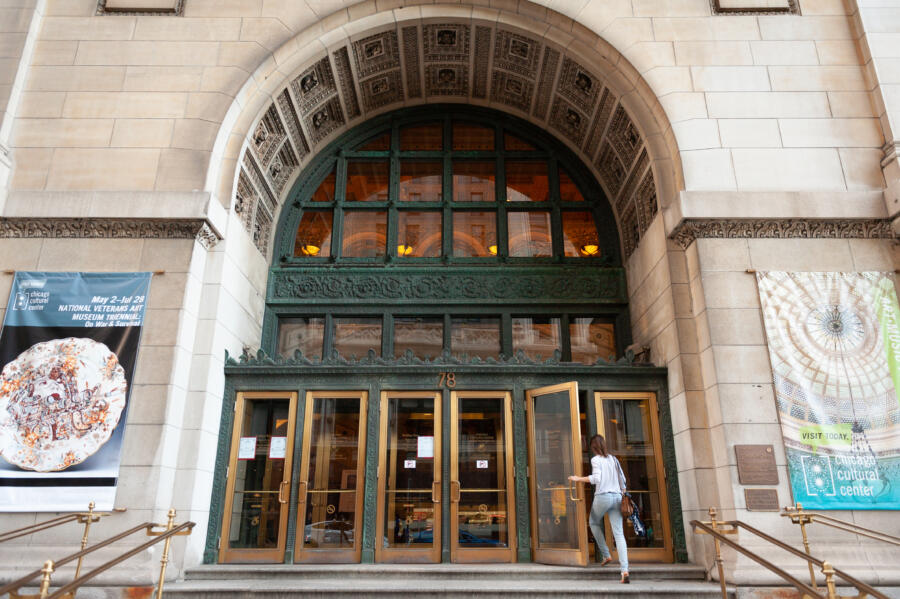 The Washington Street entrance of the Chicago Cultural Center.